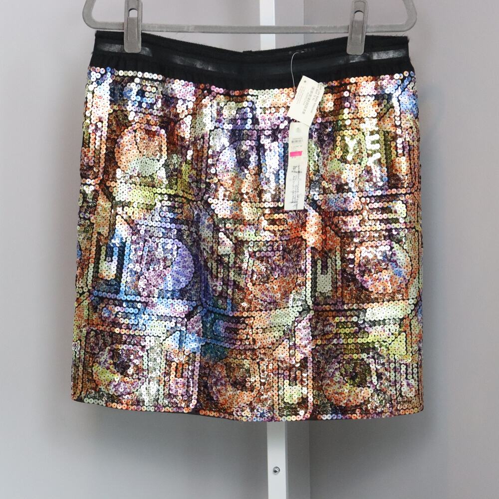 NWT Lida Baday Multicolor Sequin Skirt Graphic‎ Print Made in Canada Size 12